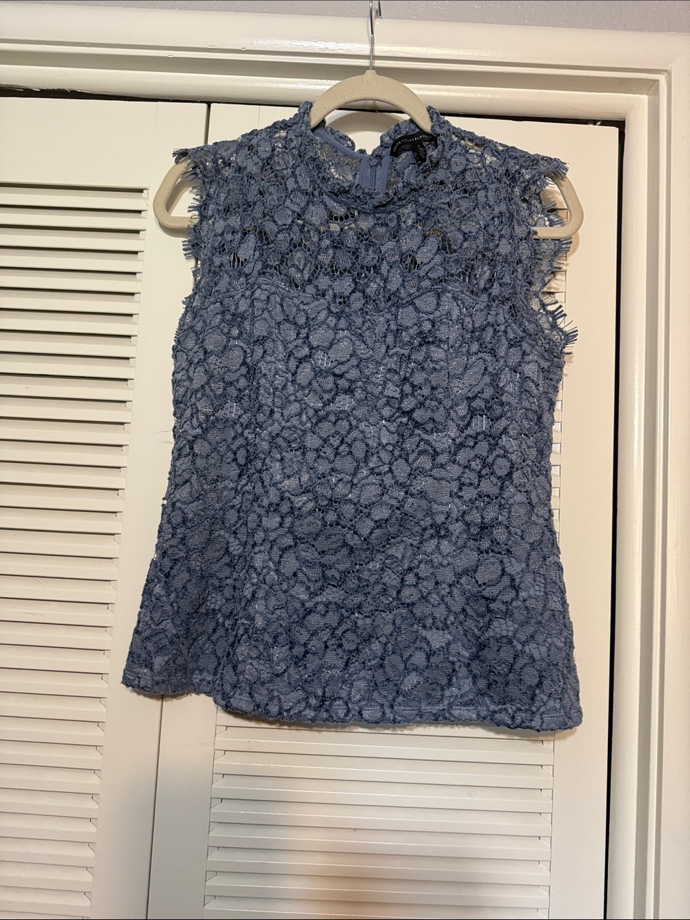 White House Black Market Dusty Blue Lace Sleeveless Mock Neck Top